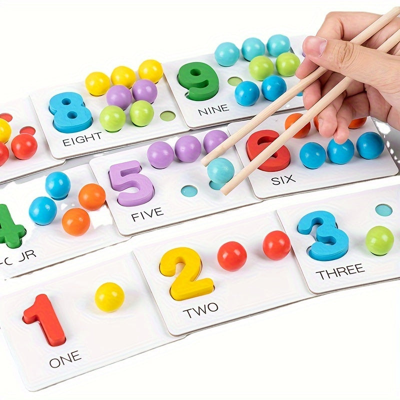 Wooden Number Counting Game for Preschoolers - Educational Math Toy with Beads, Cards, and Tweezers for Cognitive Skills, Age 3+