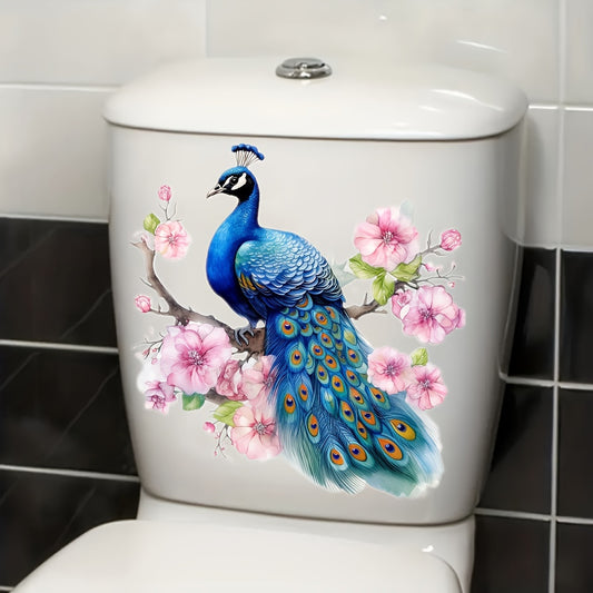 Self-adhesive PVC stickers for decorating bathroom walls, windows, and appliances with a peacock theme.