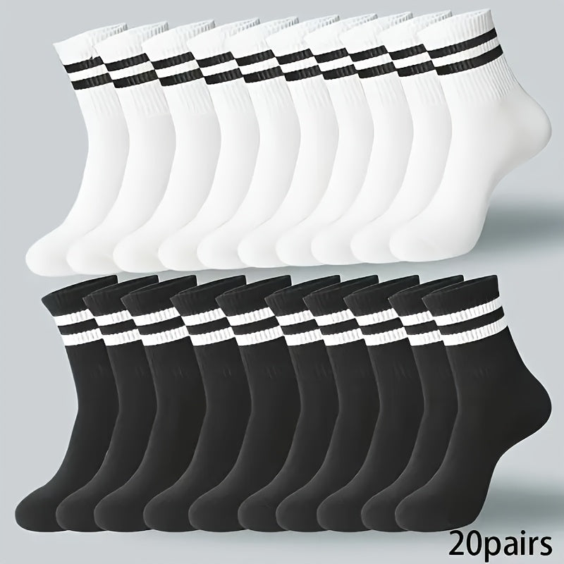 Dual-striped long socks for men and women made from breathable polyester knit fabric. Can be hand washed or dry cleaned. Available in black/white.