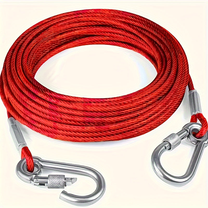 Durable stainless steel dog tie-out cable leash for large dogs, available in 4.57m, 9.14m, and 15.24m lengths. Suitable for breeds up to 113.4KG, with secure clamps and a no-pull