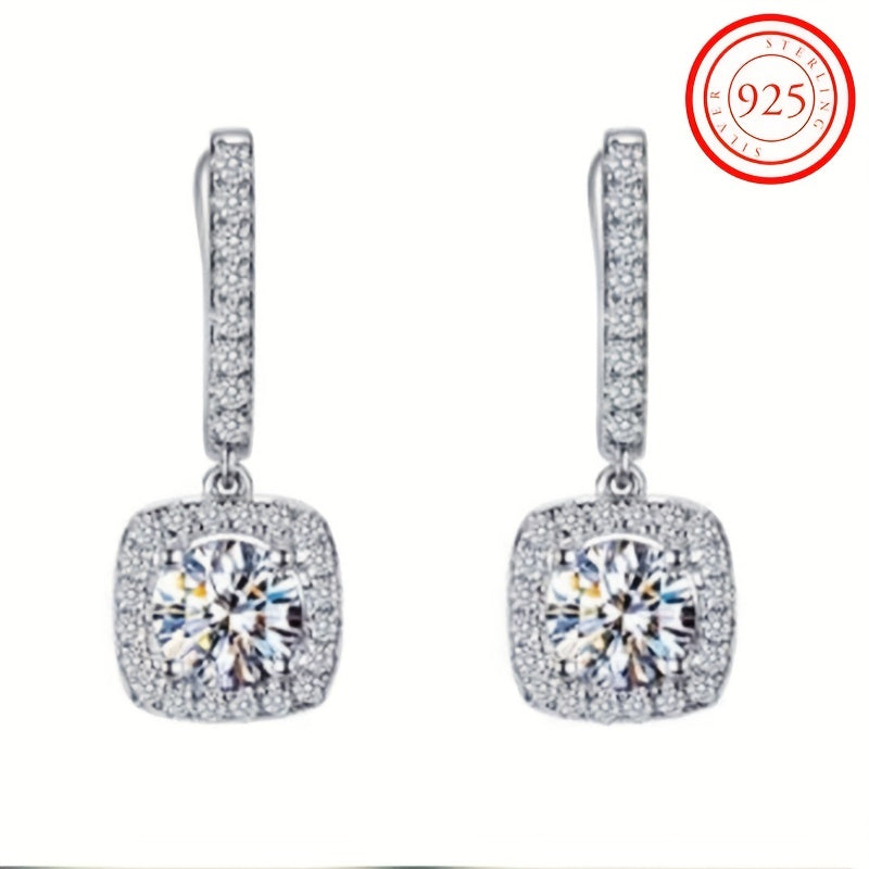 Luxurious Sterling Silver 925 Square Shaped Ear Jewelry with Shiny Zirconia Decoration, Dangle Earrings for a Banquet Party.