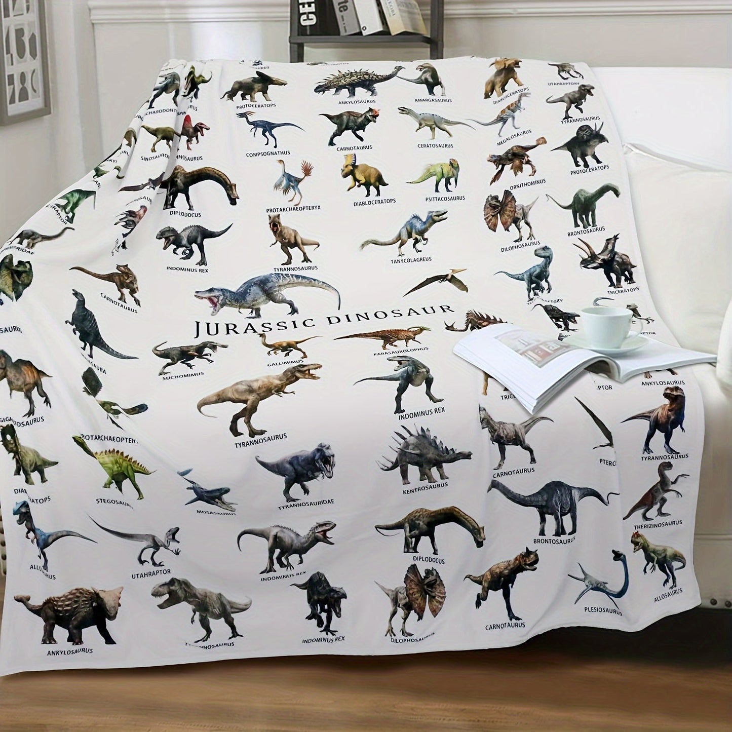 Soft flannel throw blanket featuring a Jurassic Dino World Park design, perfect for boys' dinosaur themed room decor. Great gift for boys, suitable for sofa or bed use.