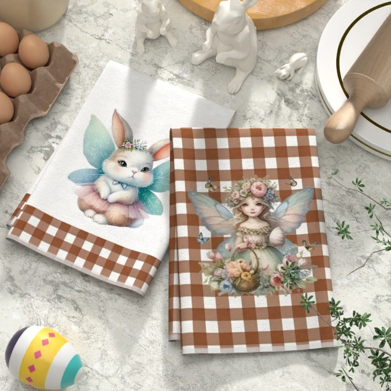 Set of 2 Enchanting Rabbit & Floral Fairy Kitchen Towels - 45.72x66.04cm Soft, Absorbent Polyester Dish Towels featuring Gingham Borders | Whimsical Design perfect for Home Decor & Gifts, Festive Fairy Themed Dish Towels | Durable and Stylish Addition to