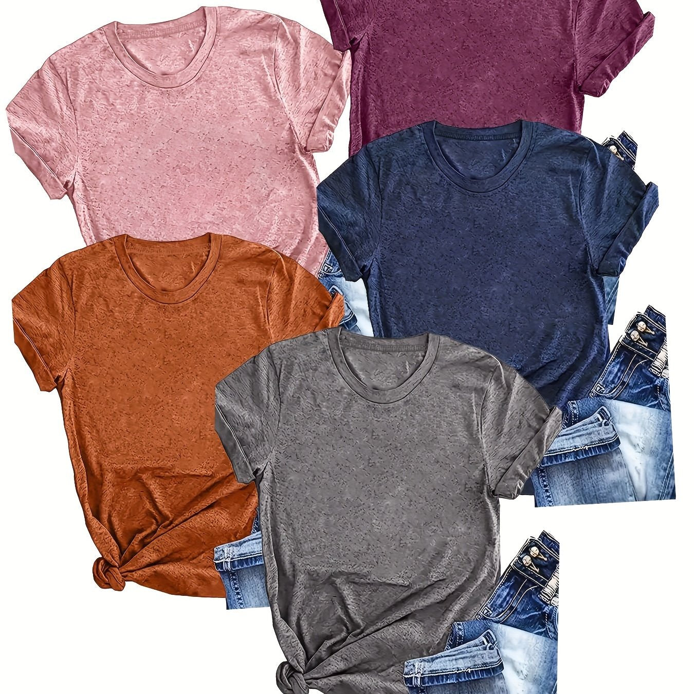 5-Pack Women's Casual Crew Neck T-Shirts, Solid Color Short Sleeve Summer Tops made from Polyester Knit Fabric with Slight Stretch