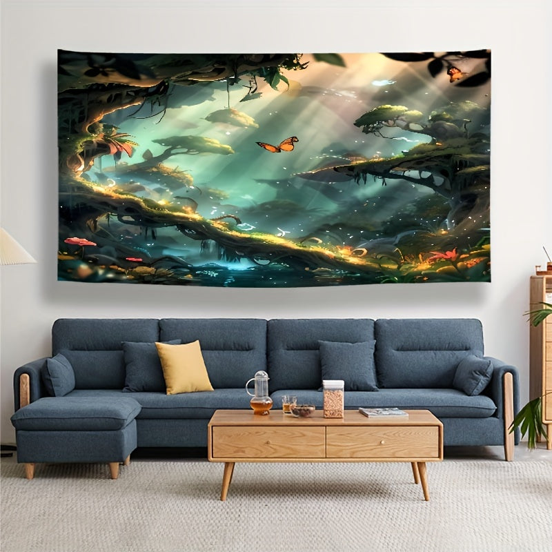 Magical Fantasy Landscape Wall Art - Enchanted Forest Tapestry Featuring Flying Butterflies, Perfect For Nursery & Playroom Decor, Made from Polyester with Digital Print