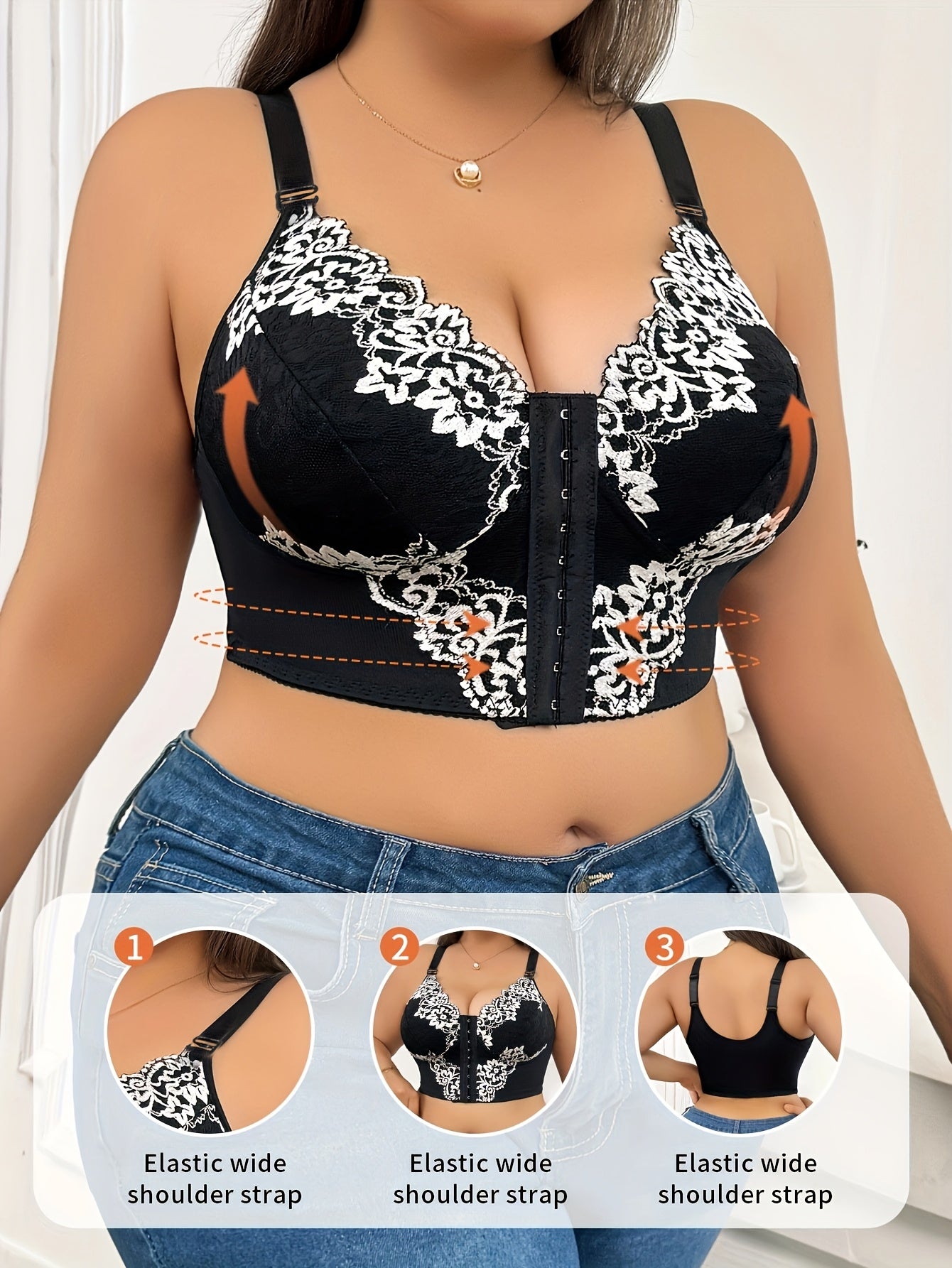 Plus size lace front-closure bra with floral print and contrasting lace detail, wide shoulder straps for comfort. Hand washable fabric in black and white.