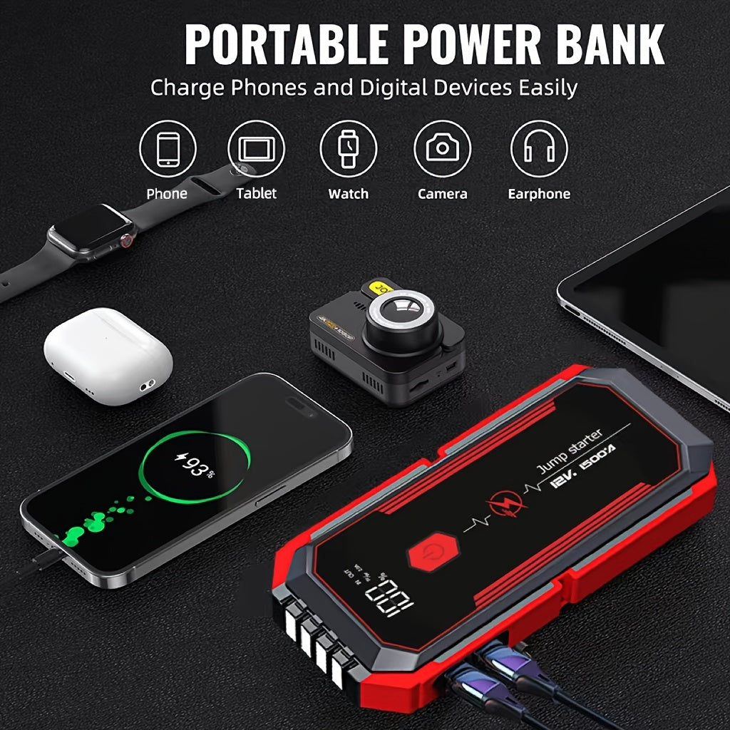 2500A Portable Car Jump Starter with fast charging, LED light, USB QC3.0, suitable for up to 8L gas & 7L diesel engines, and lithium polymer battery.