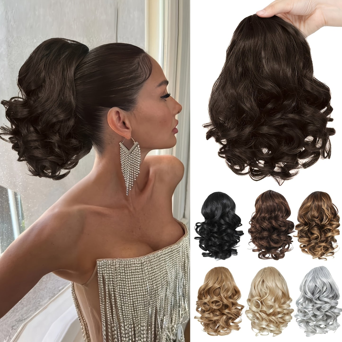 Luxurious curly wavy claw ponytail extensions made with premium synthetic clip-ins for instant volume and versatile style, ideal for everyday fashion and special occasions.