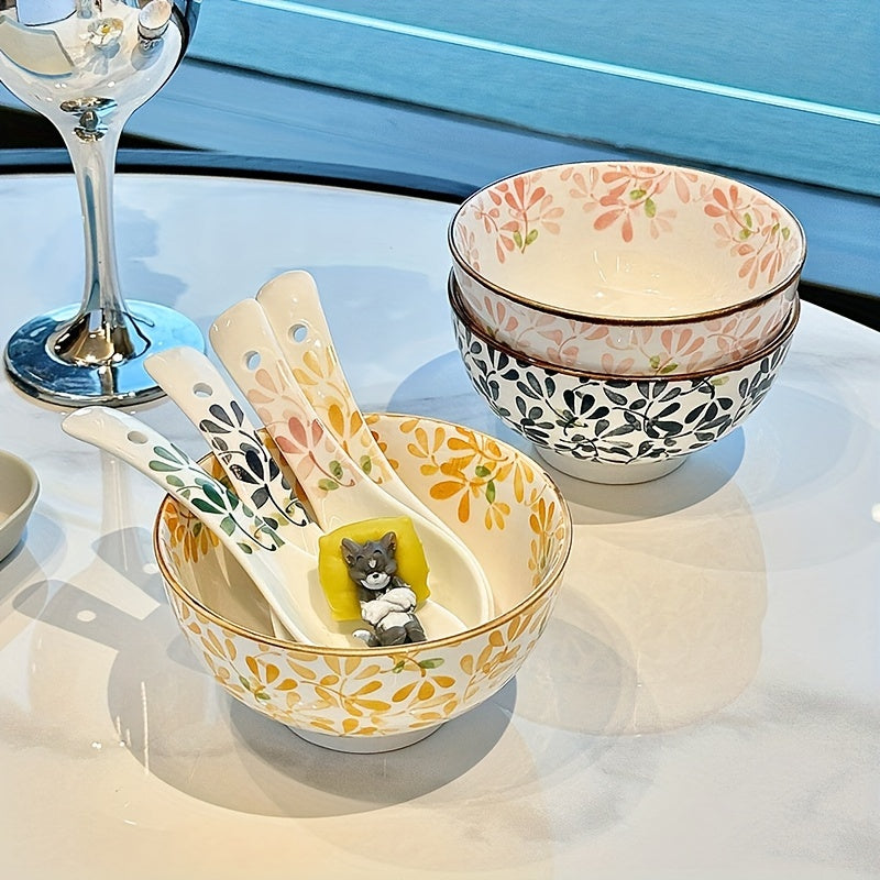 Set of 4 ceramic bowls with floral patterns, versatile for various dishes, safe for dishwasher, oven, and microwave.