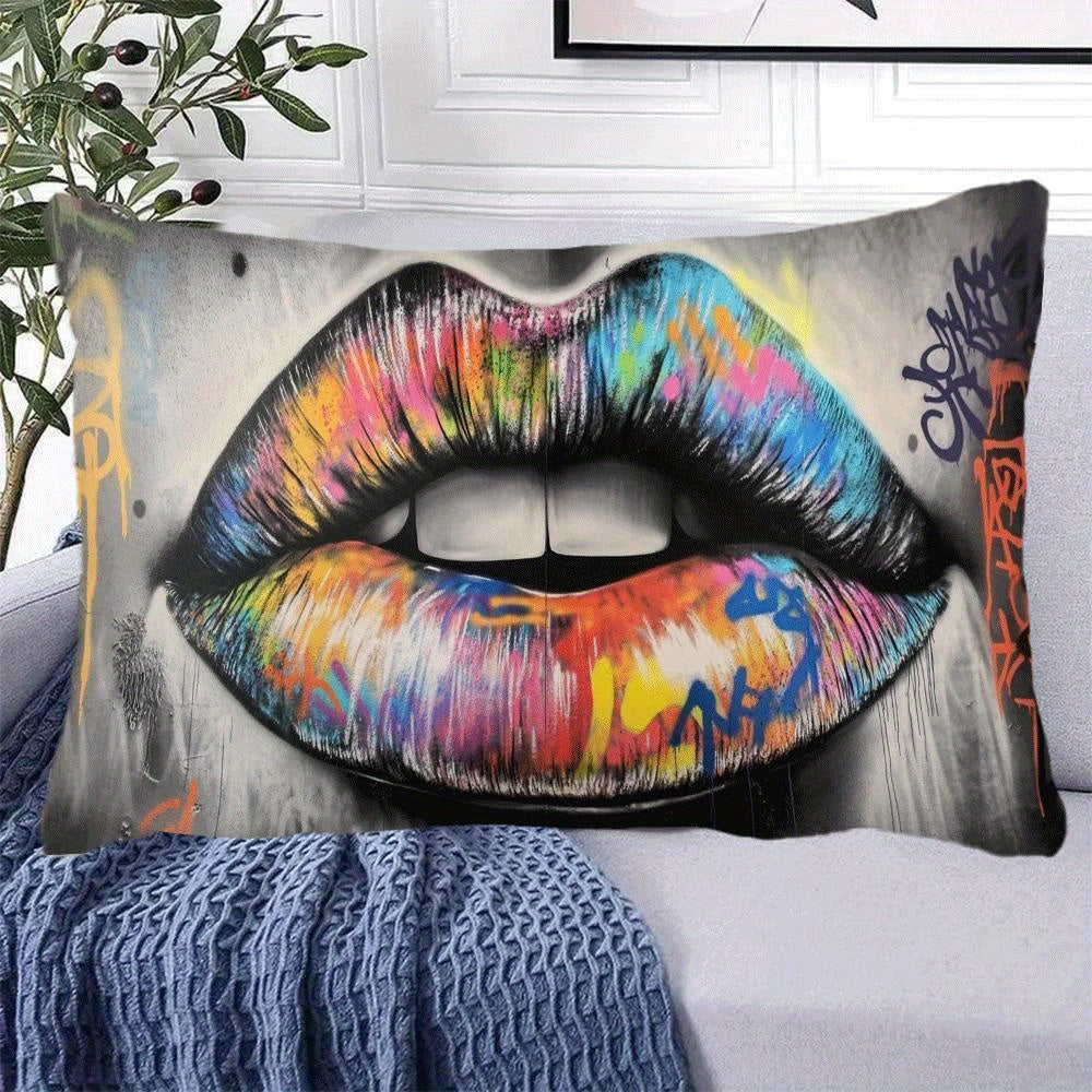 Abstract Graffiti Lips Pillow Cover, 1 piece, measures 50.8X30.48 cm. This Casual Style Polyester Decorative Throw Pillowcase features a convenient Zipper Closure and is Machine Washable, making it suitable for all seasons. Designed for Back Sleepers