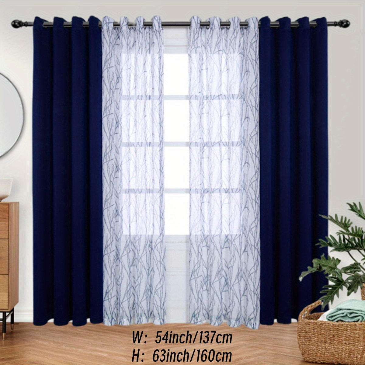 Pair of Curtains for Bedroom or Living Room - Includes 1 Sheer Branch Print Curtain and 1 Blackout Curtain, Grommet Style, 54x84 Inch Each, Dark Gray, Set of 2 Panels