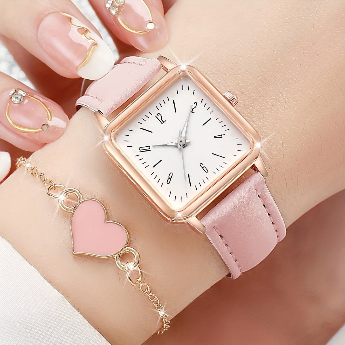 Black and white pink square ladies quartz watch set with 6 pieces, watch box not included.