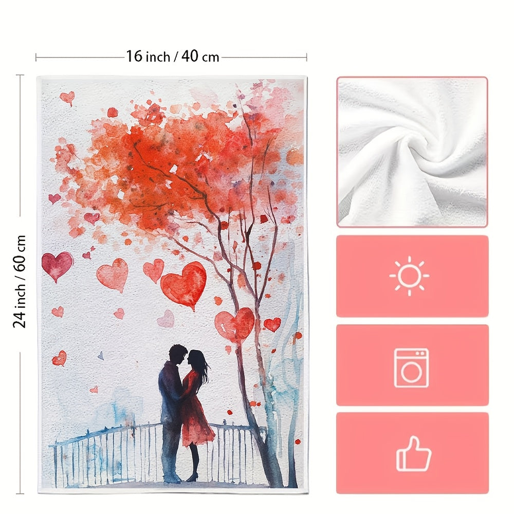 Set of 2 Romantic Valentine's Day Kitchen Towels - Made with Ultra Soft & Highly Absorbent Polyester, Size 40.64x60.96 cm, Easy to Clean in Washing Machine, Decorated with Embracing Couple & Heart Tree Design for Holiday Festive Touch