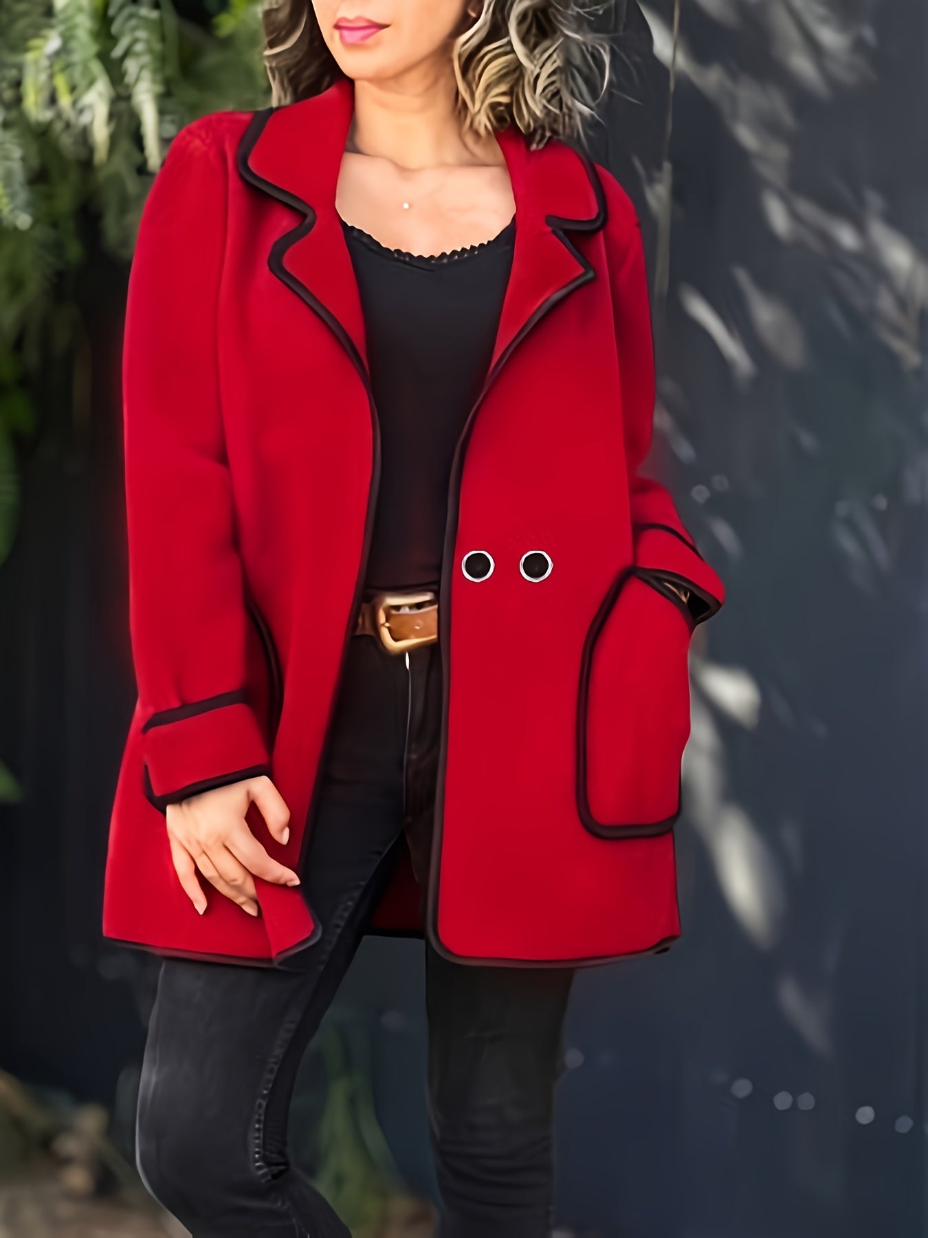 Red double-breasted tweed coat for women - casual, windproof, warm outerwear with pockets perfect for fall/winter.