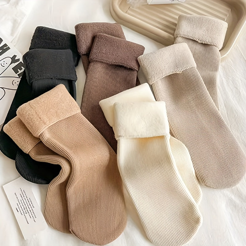 5 pairs of cozy mid-calf socks with thick fluffy vertical stripes for women in earthy tones.