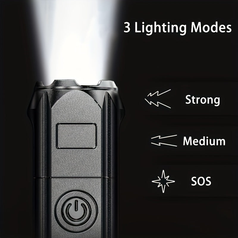 Compact and portable LED flashlight with USB charging, ideal for outdoor adventures and home use. 800mAh battery included.