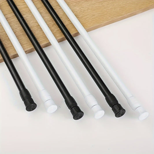 Easy-install telescopic rod with strong spring for shower curtains, door drapes, clothes hanging. Available in black, white, wood grain.