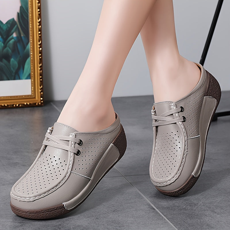 Women's Summer Slip-On Mule Shoes, Hollow-Out White Sneakers with Wedge Heel, Casual and Comfortable