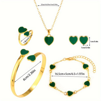 Sparkling Lucky Heart Jewelry Set for Women includes 5 pieces: Bracelet, Chain, Heart Necklace, Ring, and Earrings. Simple design, perfect gift for best friends or yourself to express your