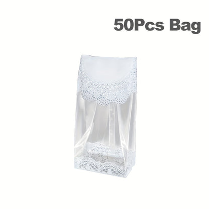 50 reusable produce bags with white lace pattern for food packaging. Features a window for easy viewing, leak proof design for storage, and perfect for kitchen organization and accessories.