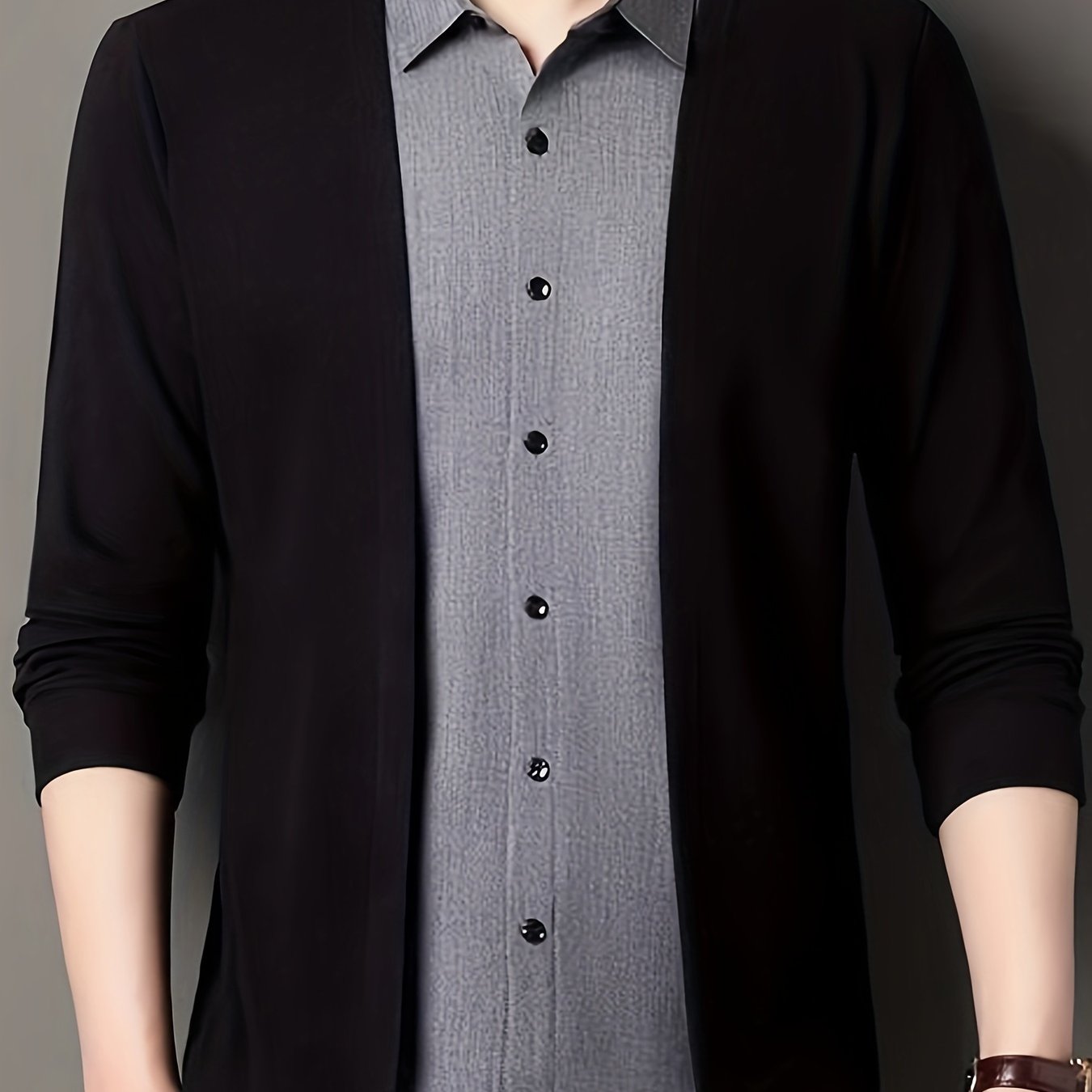 Men's two-piece color-blocked casual shirt with long sleeves and a collared neckline.