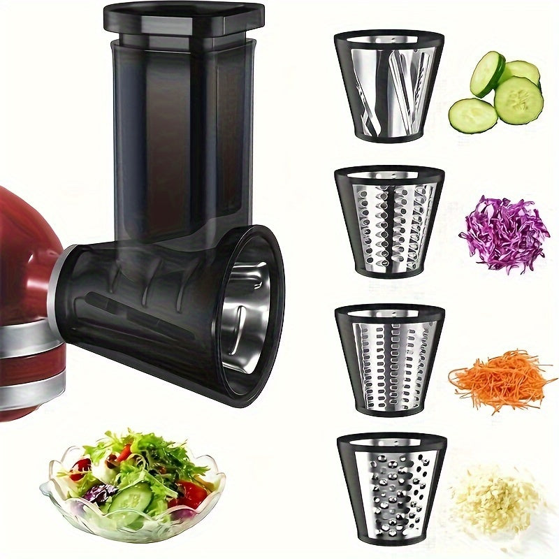 1 piece of slicer/shredder accessory designed for KitchenAid desktop blender. This accessory is suitable for slicing and grating cheese, as well as shredding vegetables for salads. It comes with 4 blades but is not recommended for cleaning in the