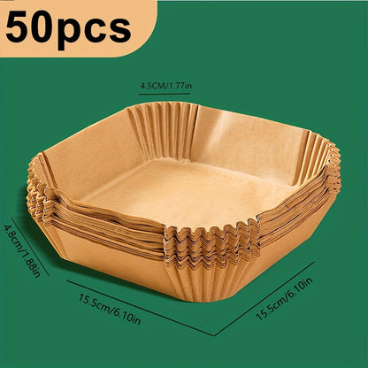 A pack of 50 square 6-inch air fryer parchment papers that are non-stick and oil-free. Made from food-grade absorbent material, these baking sheets are pre-cut for convenient use in baking, frying, and grilling.