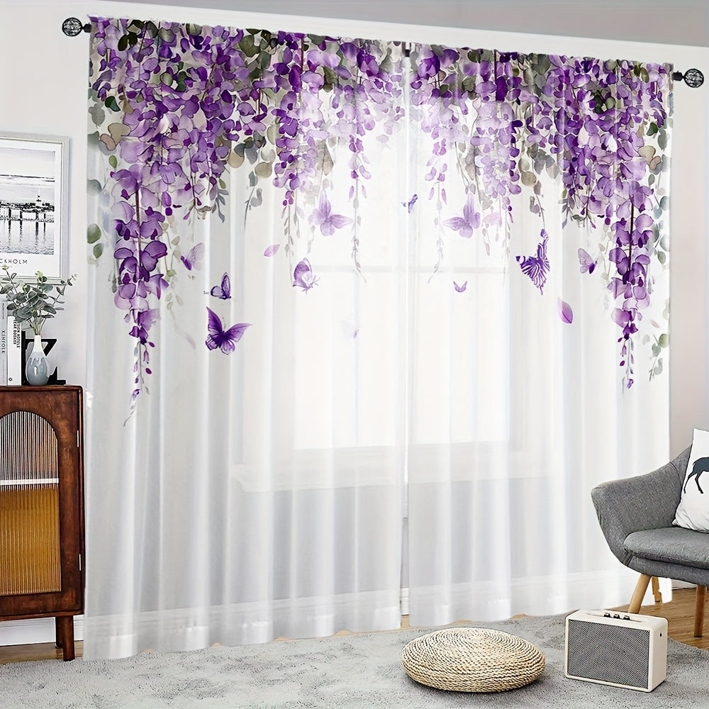 Set of 2 Beautiful Wisteria Floral Print Sheer Curtains - High Definition Digital Design, Luxurious Polyester Microfiber Material, Convenient Rod Pocket Style for Living Room & Bedroom, Simple to Hang and Machine Washable