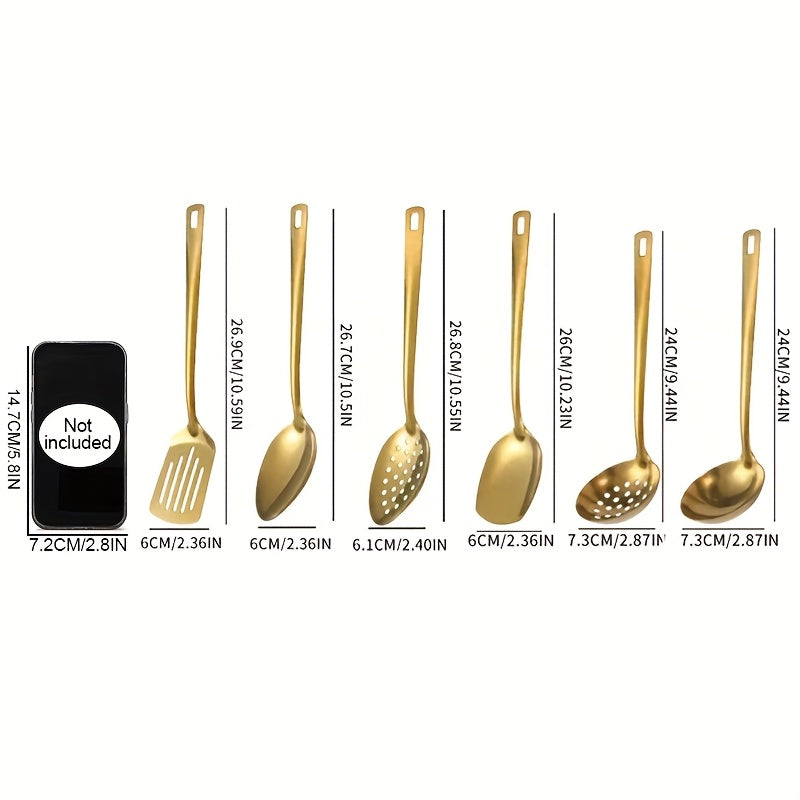 Gold-Plated Stainless Steel 6-piece Kitchen Utensil Set with Soup Spoon, Colander, Frying Shovel and More - Essential for Home Chefs