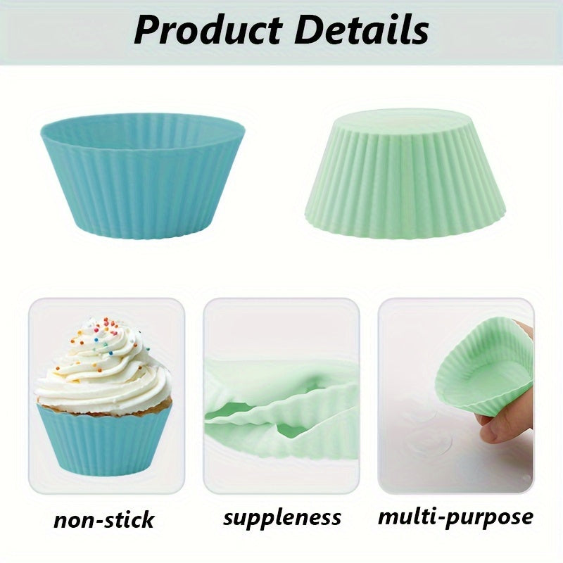 Get a set of 12 silicone muffin cups in teal, green, and pink, measuring 7.01cm each. These reusable, food-grade high-temperature baking liners are perfect for cupcakes and cakes, ideal for use in both the oven and air fryer. A must-have in any kitchen