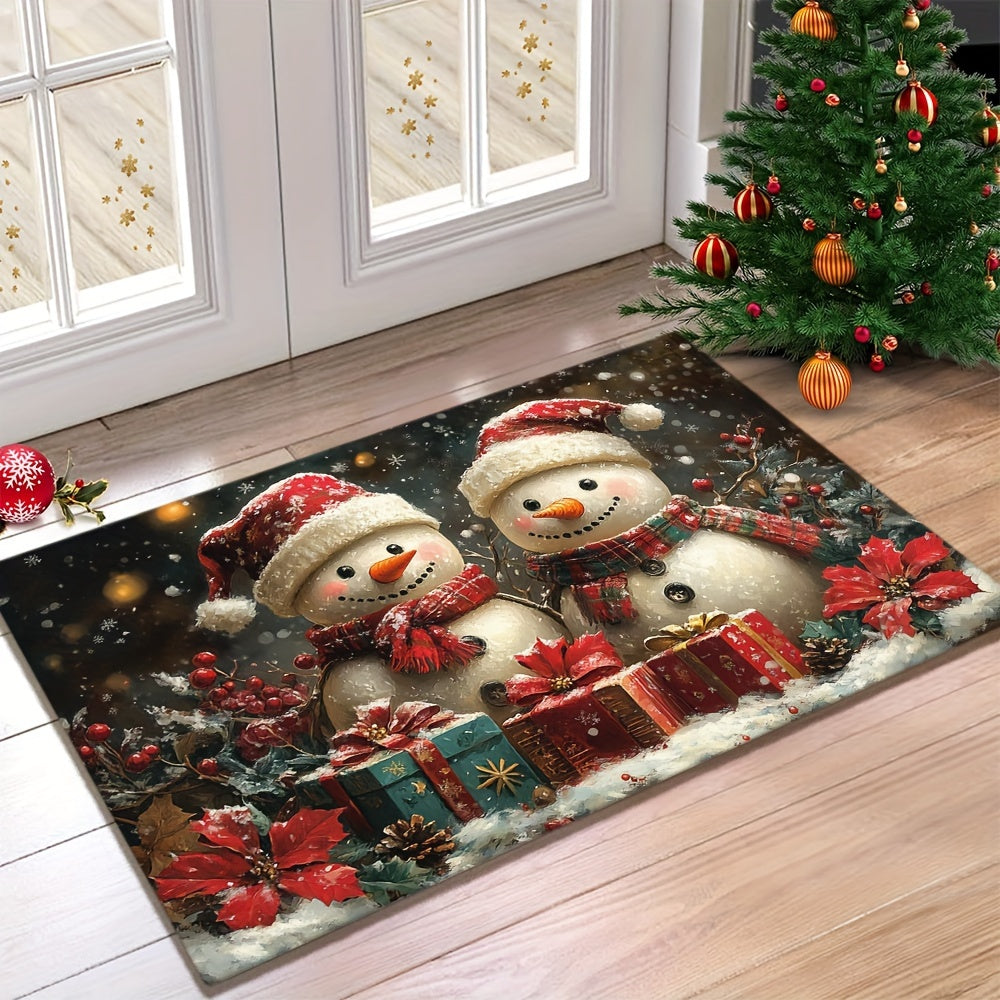 This durable Christmas Snowman Doormat is made of lightweight and washable braided polyester, with a non-slip rubber backing to keep it in place. Perfect for use in the home, living room, bathroom, or balcony. Machine-made for quality and featuring