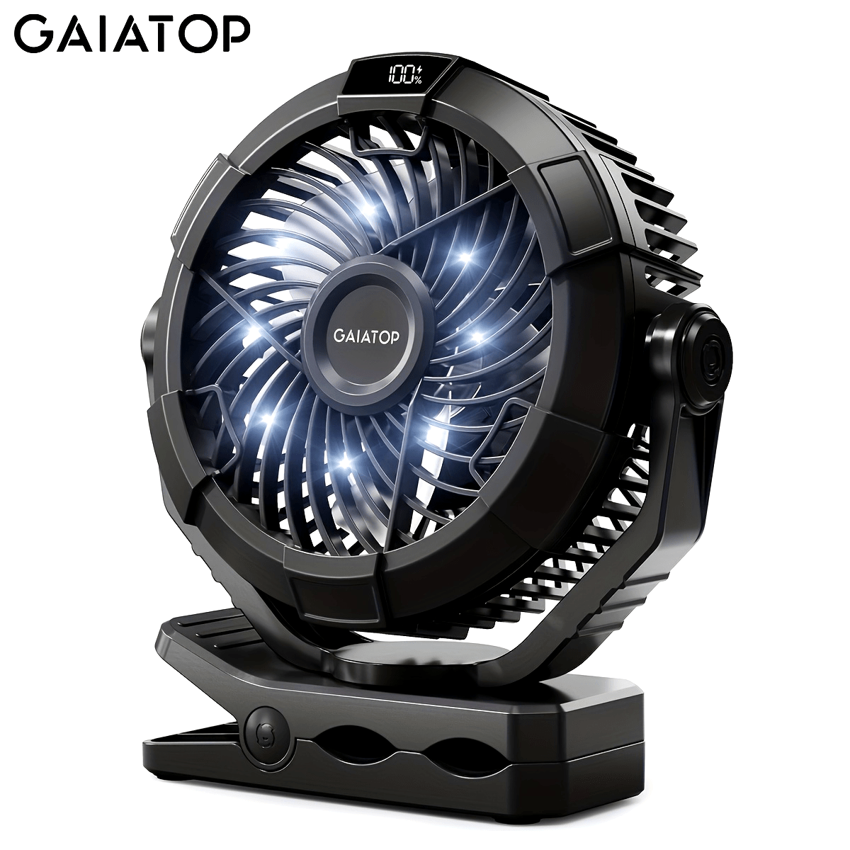 Portable camping fan with LED lights, rechargeable USB fan with long standby time, 360° rotating fan, LED display and hook for convenient hanging, clip-on design suitable for tent, bedroom, and outdoor use.