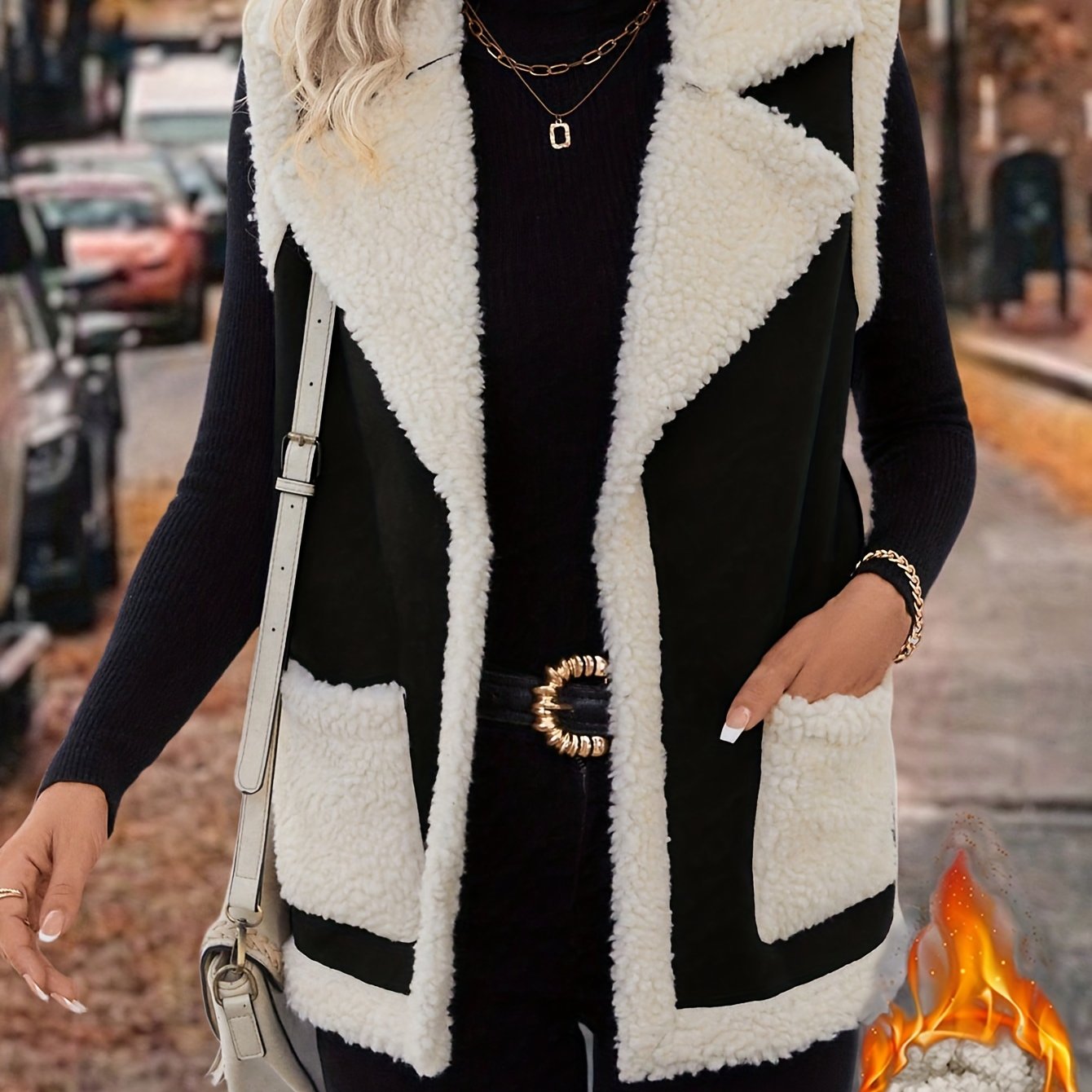 Chic solid color polyester sherpa vest with pockets and lapel collar for all-season warmth.