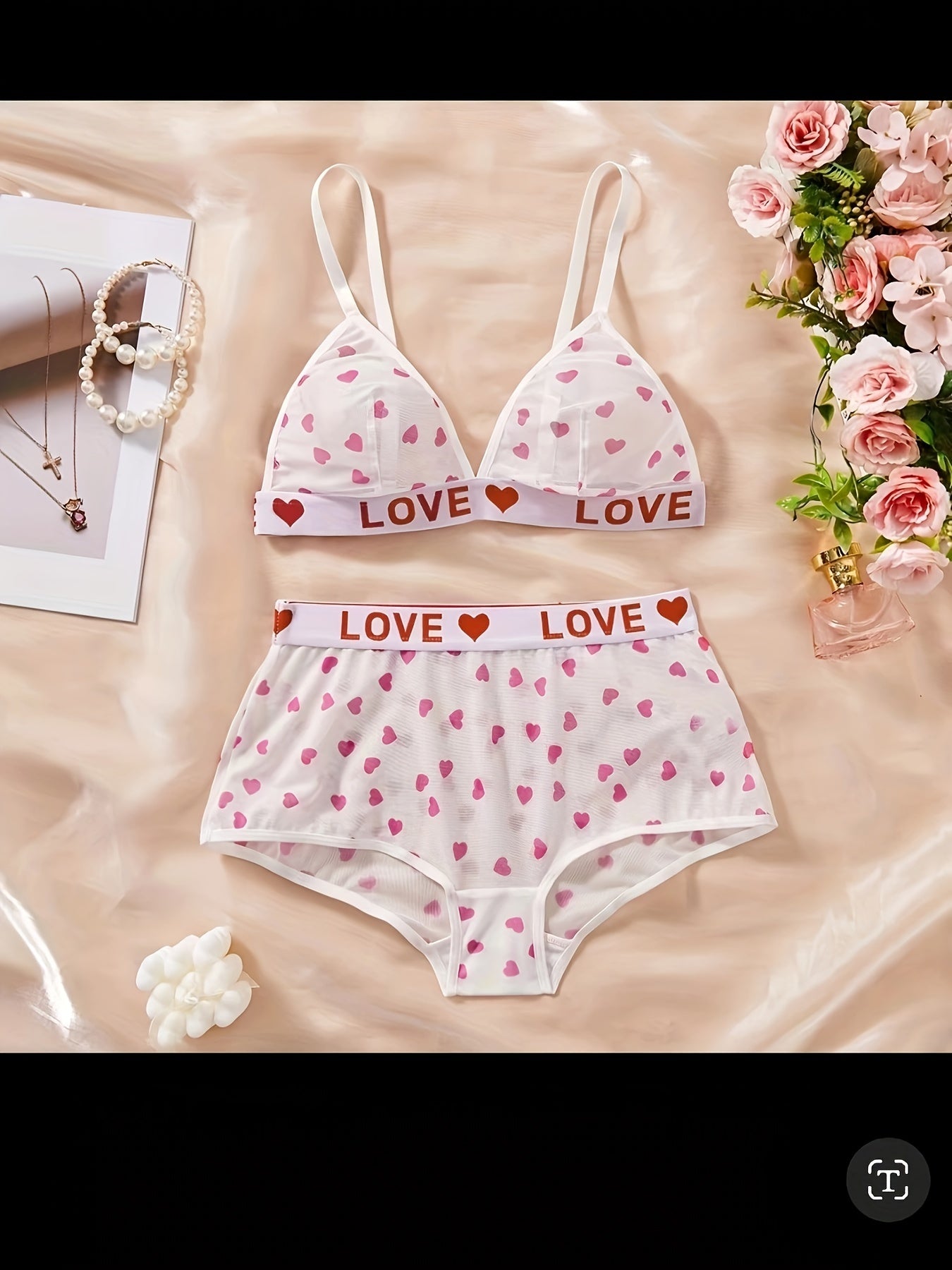 Spaghetti Strap Heart Letter Lingerie Set, Sexy Women's Intimates