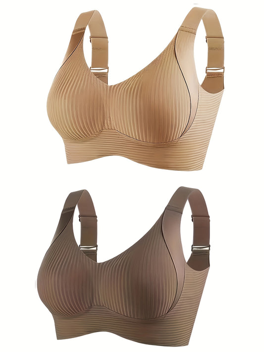 2 pairs of comfortable women's bras with adjustable shoulder straps, fixed chest pads, and no visible lines.