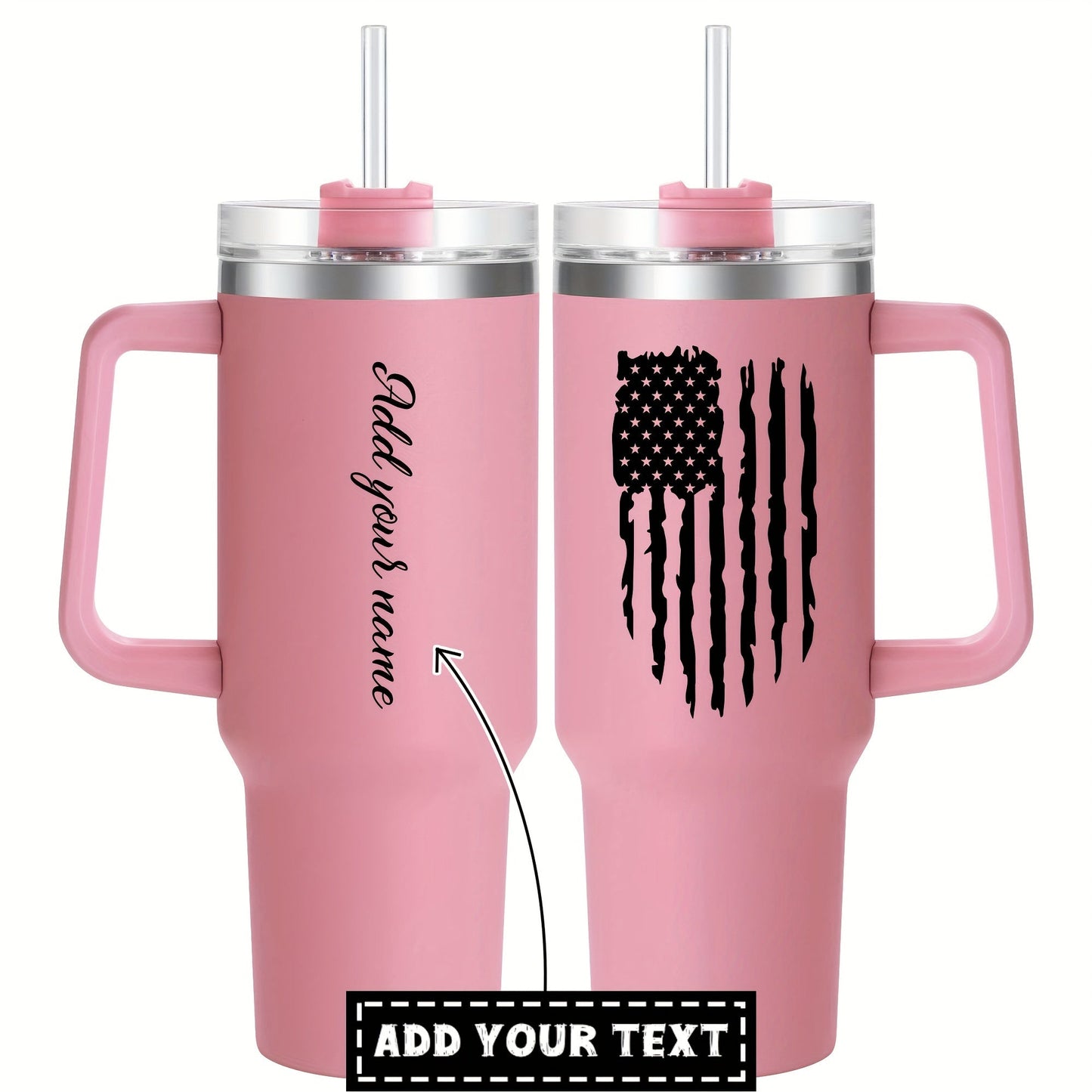 Introducing our custom 40oz stainless steel tumbler with a convenient handle and lid. This personalized tumbler features an American flag print and is double wall vacuum insulated for keeping your drinks at the perfect temperature while you're on the go.