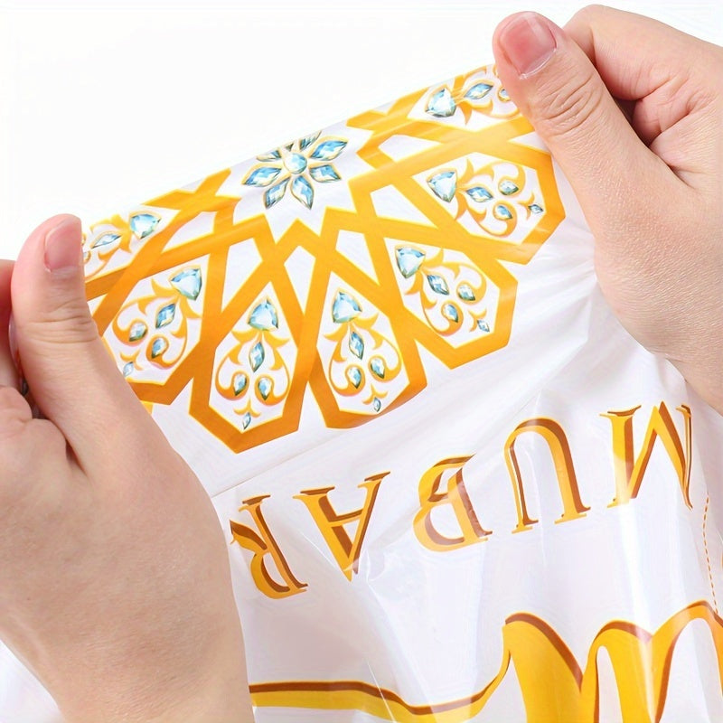 1 Elegant White & Golden Moon Eid Tablecloth with "Eid Mubarak" Design and Islamic Motifs, Disposable Plastic Cover for Ramadan Kareem and Eid Al Adha Celebrations, Ideal for Muslim Party