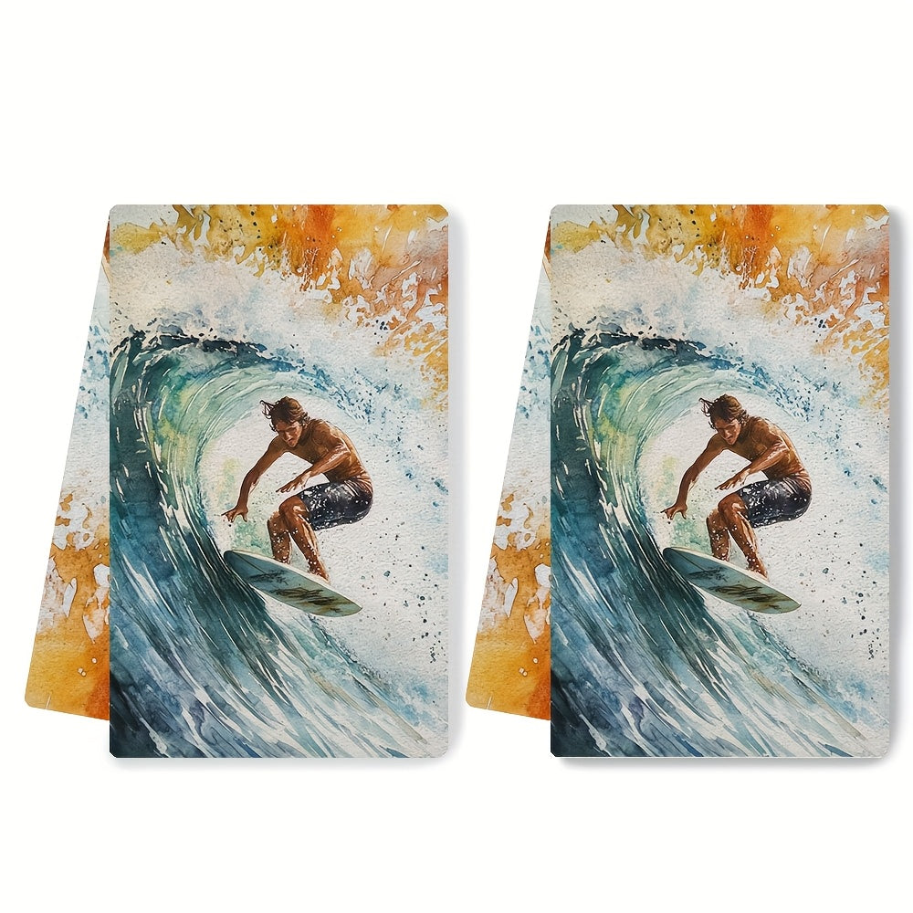 Surf's Up! Set of 2 Ultra Soft Kitchen Towels featuring Vibrant Surfer Design - Highly Absorbent & Quick-Dry Dish Hand Towels, Machine Washable, 40.64x60.96 cm - Perfect for Holiday Decor & Daily Use, Dish Towels