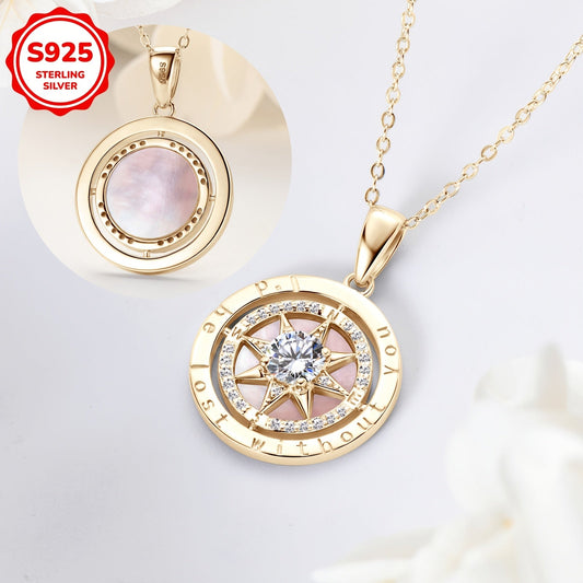 Necklace with Compass Pendant Made of 925 Sterling Silver, Adorned with White Cubic Zirconia and Pink Mother of Pearl, 45+5cm Chain Included - Perfect Graduation Gift