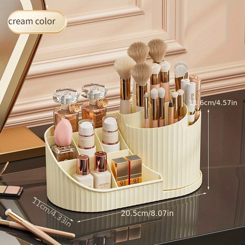 Compact rotating makeup organizer available in white, pink, and cream. Durable plastic with space-saving design for brushes, lipsticks, skincare, and stationery. Elegant and compact