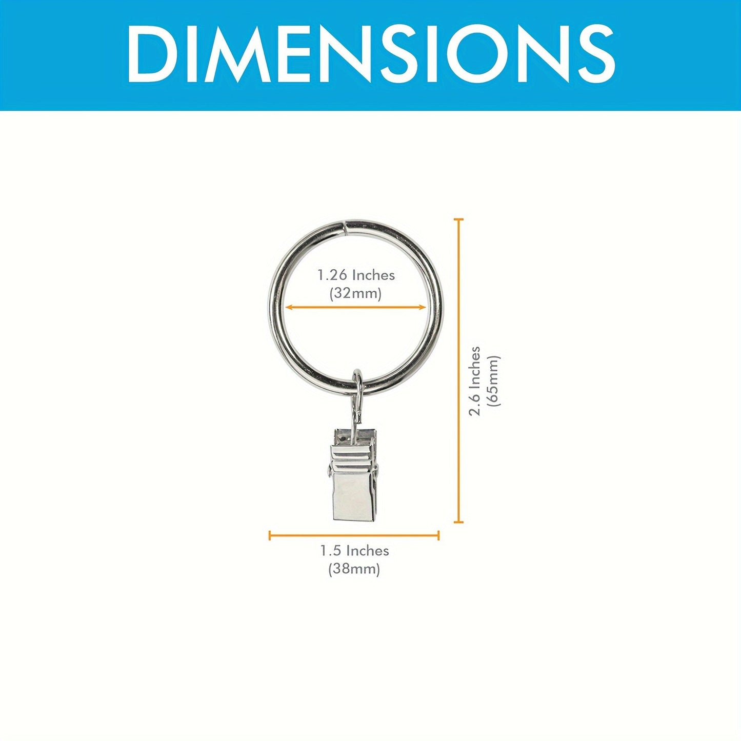Set of 12 Stainless Steel Curtain Rings with Clips - Strong, Simple to Set Up, Modern Decorative Drapery Rings for Lasting Protection Against Rust
