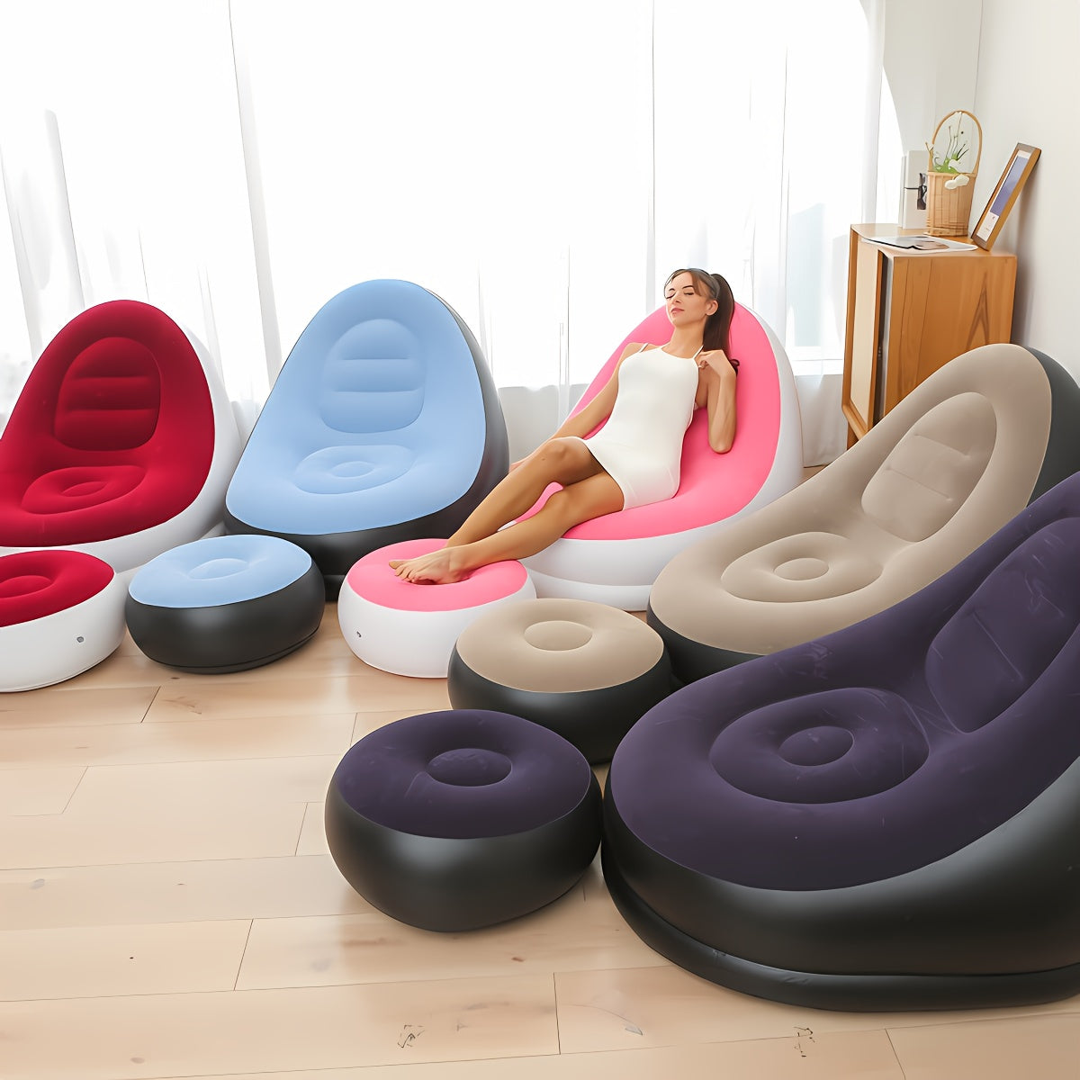 Inflatable sofa set with footrest for office nap nook and reading, includes foot pump. PVC cover, max weight <100kg, no power needed.