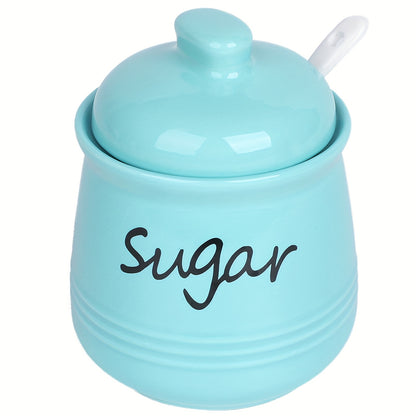 Elegant ceramic sugar jar with lid and spoon, 12oz capacity, 8.99x11.0cm, multiple color options, ideal for coffee bars and restaurants, easy to clean.