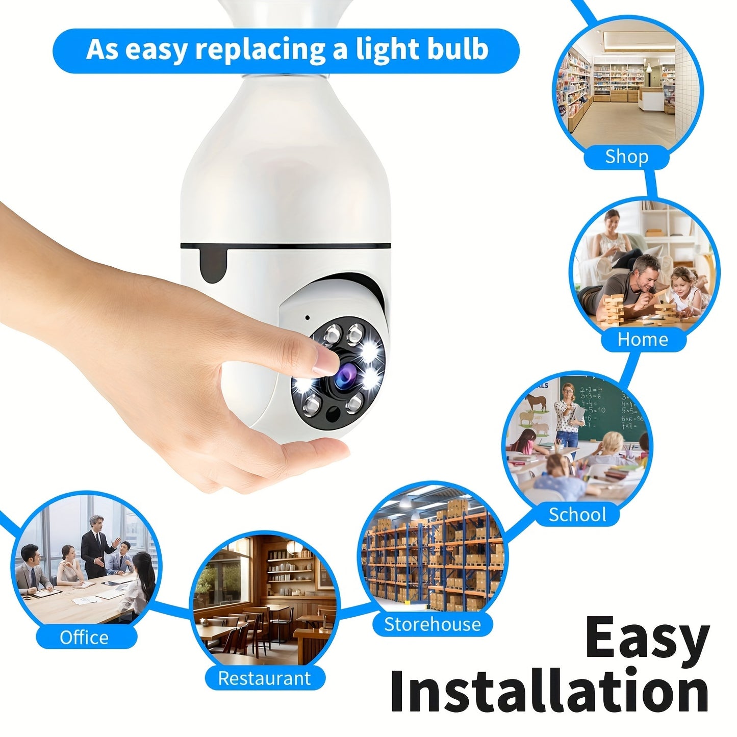 355° Indoor/Outdoor Bulb Security Camera with Two-Way Audio, Color Night Vision, Motion Detection Alarm, Wi-Fi Capabilities, Screw-in Mount, App Control, No Battery Needed. Ideal for Home