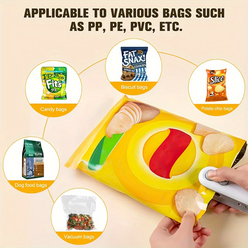 Portable Snack Sealer with Compact Design - Rechargeable via USB, Handheld Machine for Sealing Plastic Bags with Digital Display, Great for Home Use - Available in White and Gray colors.