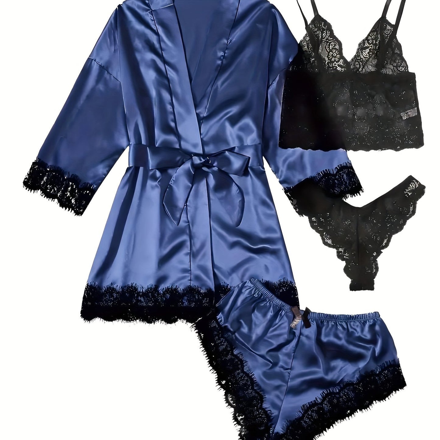 Lace-trimmed Sleepwear Set with Glossy Pajamas in 4 pieces