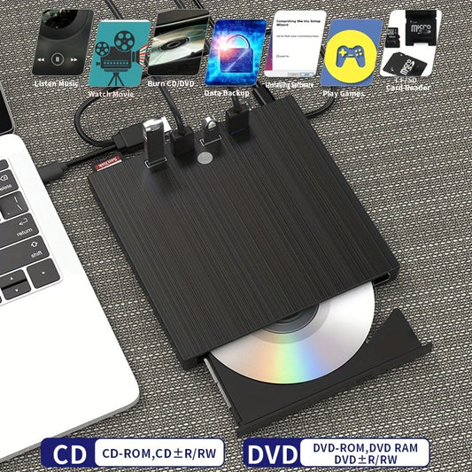 Compact portable DVD/CD drive with USB 3.0 & USB-C compatibility. Burn and play CDs/DVDs with ease on laptops, desktops, and all-in-one computers. Stylish black design for seamless media