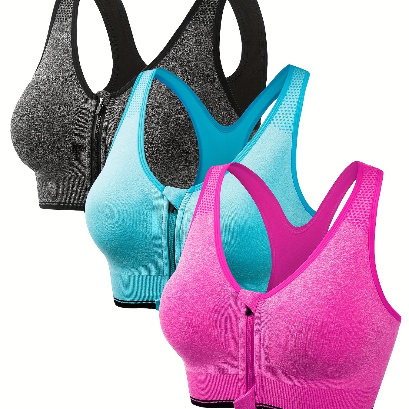 Three front zipper sports bras for running and yoga, comfortable and soft, designed for women's lingerie and underwear.