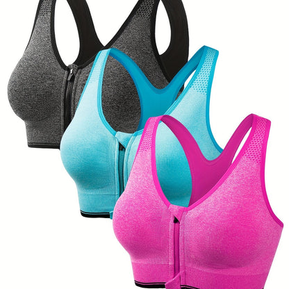 Three front zipper sports bras for running and yoga, comfortable and soft, designed for women's lingerie and underwear.