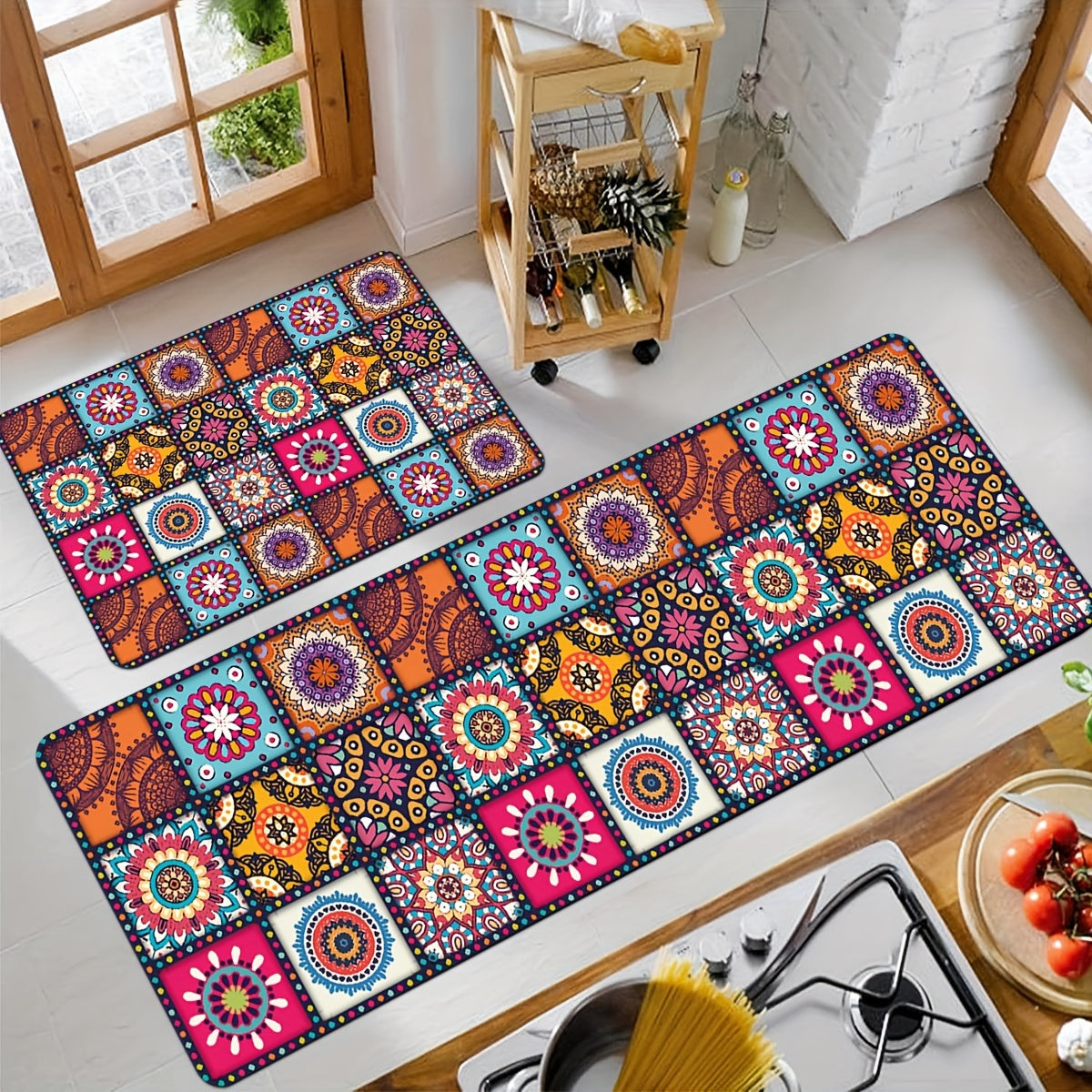 Colorful Boho Kitchen Mat, 1 Piece, Non-slip and Oil-proof Entrance Doormat, Ideal for Kitchen, Living Room, Laundry Room, and Bathroom, Absorbs Water, Adds Aesthetic Appeal to Any Room